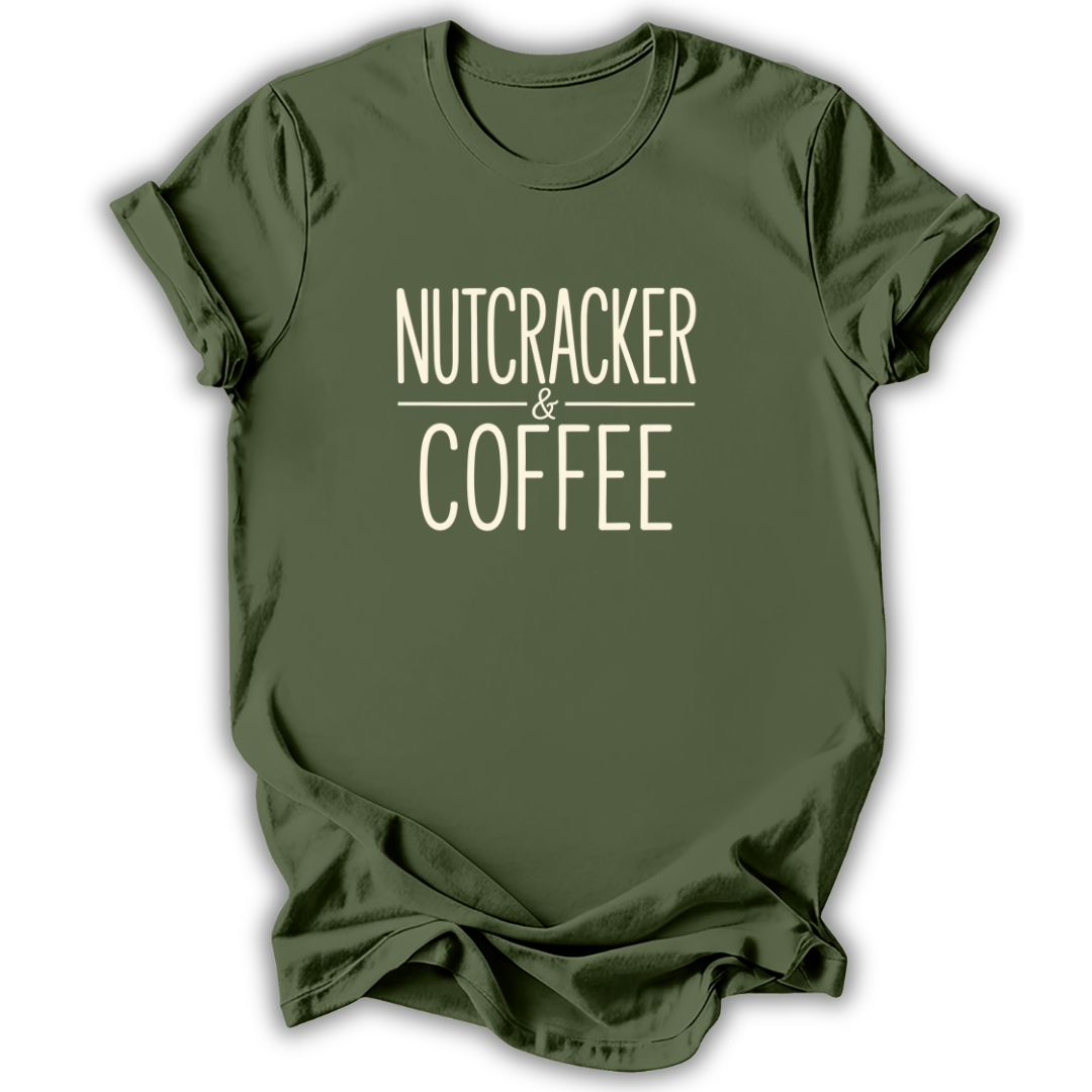 An olive green short-sleeve t-shirt with the text 'NUTCRACKER & COFFEE' printed in a cream-colored serif font on the chest, displayed against a clean white background.