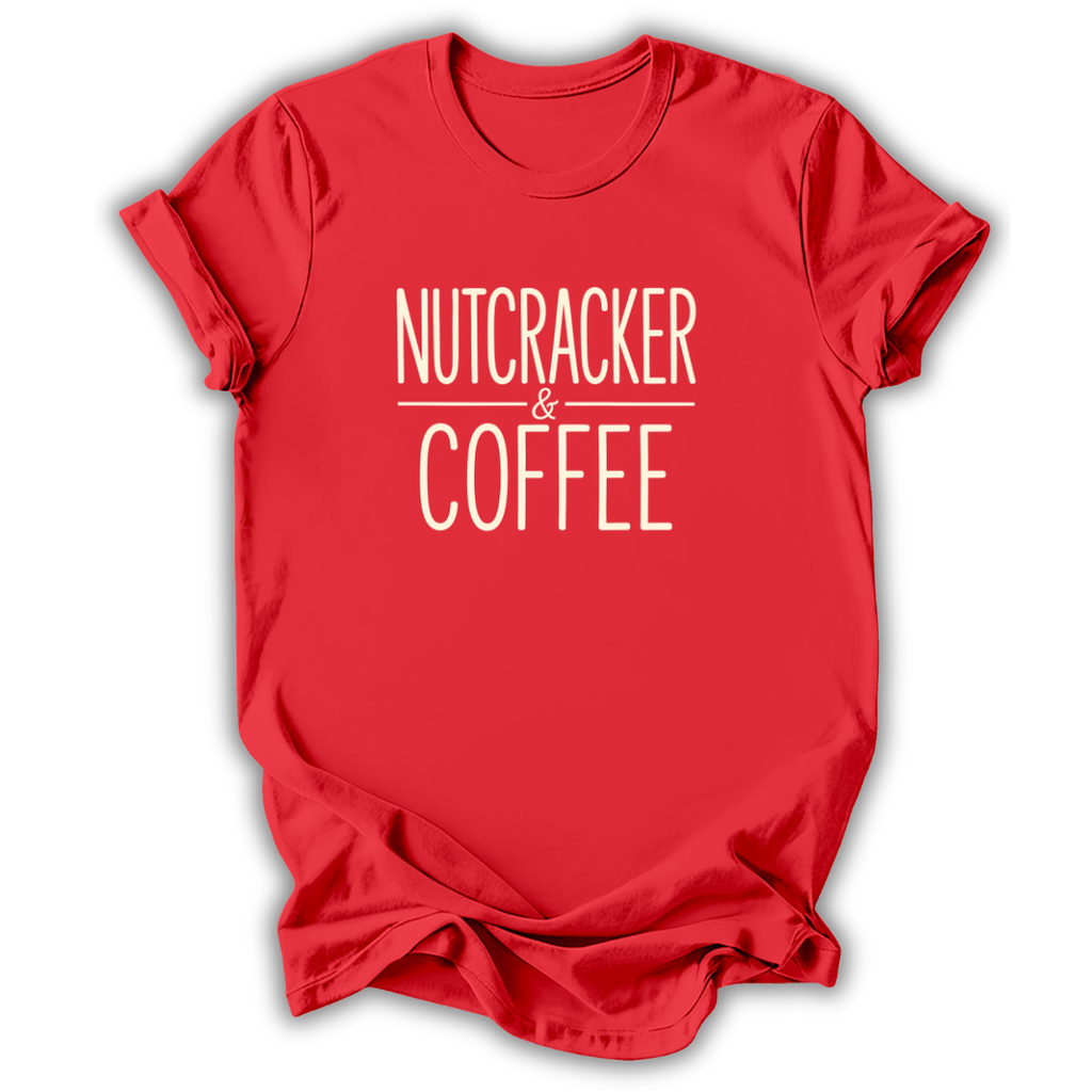 A red short-sleeve crewneck t-shirt with the text 'NUTCRACKER & COFFEE' printed in a light beige sans-serif font on the chest, displayed on a clean white background.