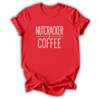 A red short-sleeve crewneck t-shirt with the text 'NUTCRACKER & COFFEE' printed in a light beige sans-serif font on the chest, displayed on a clean white background.