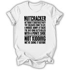 A white short-sleeve crewneck t-shirt with a humorous black text graphic printed on the front, displayed against a clean white background.
