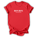 A red short-sleeve crewneck t-shirt with 'BON BON' and 'The Nutcracker' printed in white text on the chest, displayed against a clean white background.