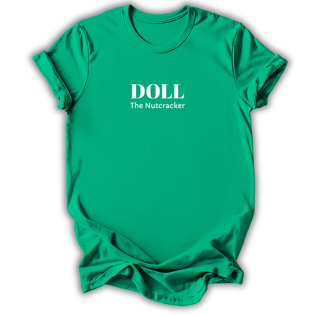 A bright green short-sleeve crewneck t-shirt with white printed text reading 'DOLL The Nutcracker' on the chest, displayed against a clean white background.