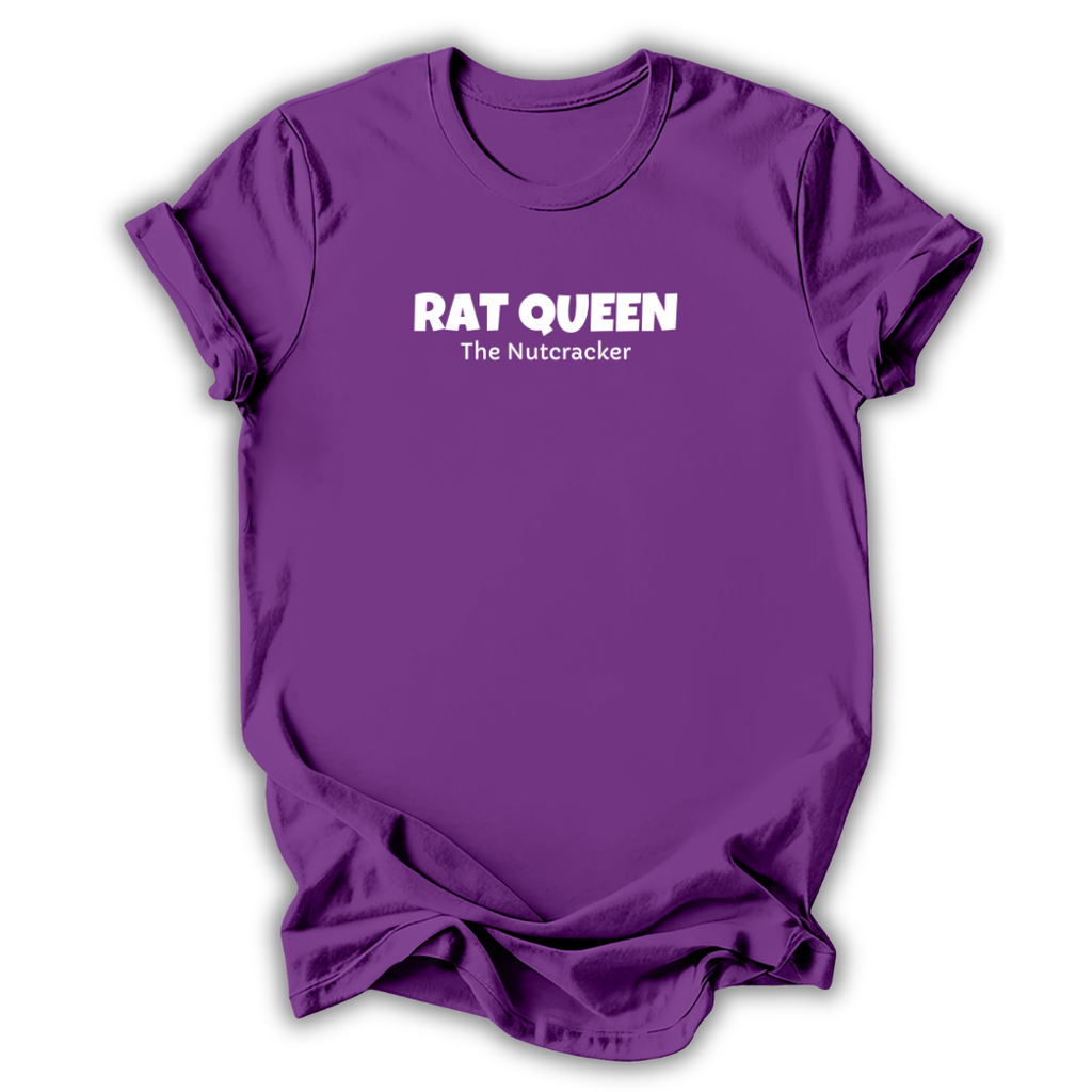 A purple short-sleeve crewneck t-shirt with white printed text reading 'RAT QUEEN' and 'The Nutcracker' on the chest, displayed against a clean white background.