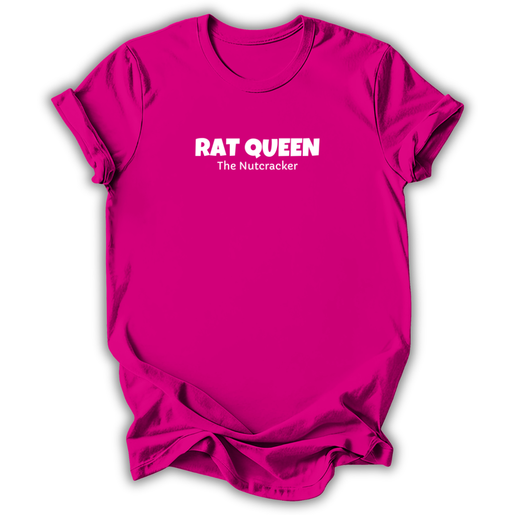 A bright pink short-sleeve t-shirt with white printed text reading 'RAT QUEEN' and 'The Nutcracker' on the chest, shown against a plain white background.
