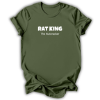 An olive green short-sleeve t-shirt with white printed text reading 'RAT KING' and 'The Nutcracker' on the chest, displayed against a clean white background.