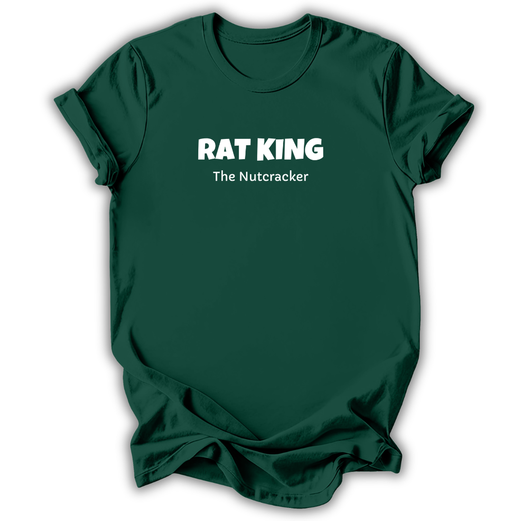 A dark green short-sleeve t-shirt with white text reading 'RAT QUEEN' and 'The Nutcracker' printed on the chest, displayed against a clean white background.