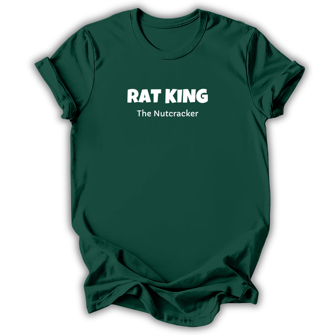 A dark green short-sleeve t-shirt with white text reading 'RAT QUEEN' and 'The Nutcracker' printed on the chest, displayed against a clean white background.