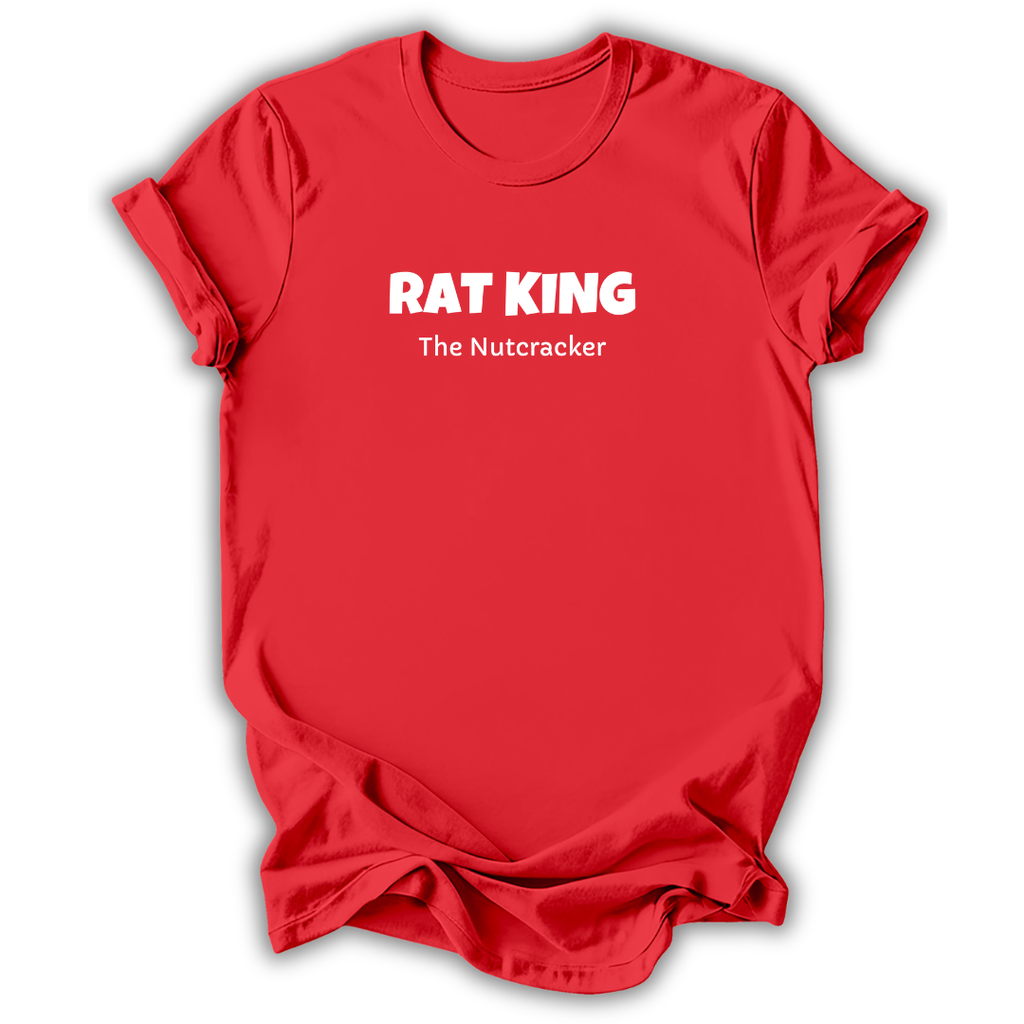 Red short-sleeve t-shirt with white printed text reading 'RAT KING' and 'The Nutcracker' on the chest, displayed against a clean white background.