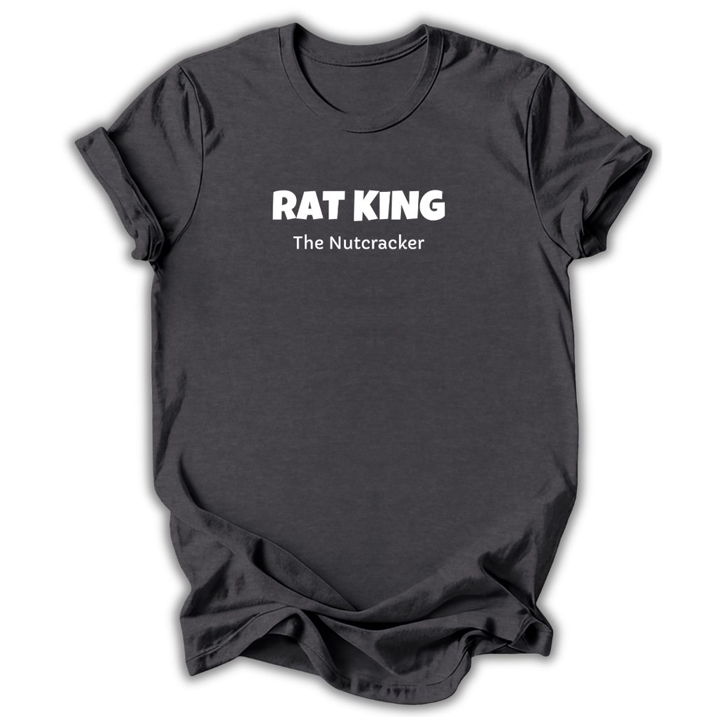 Gray short-sleeve t-shirt with white printed text reading 'RAT KING' and 'The Nutcracker' on the chest, displayed against a clean white background.