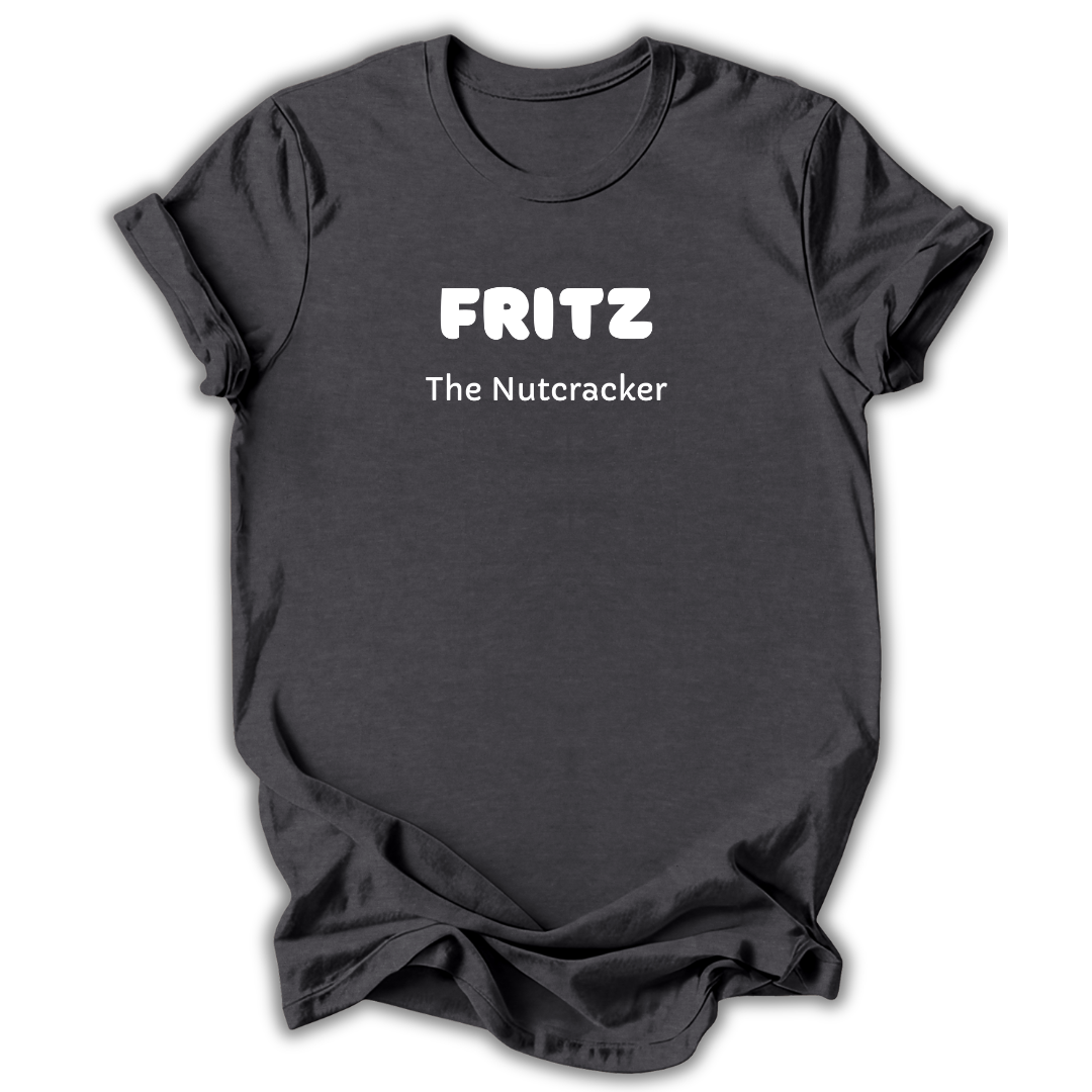 Black short-sleeve crewneck t-shirt with white printed text reading 'FRITZ' and 'The Nutcracker' on the chest, displayed against a clean white background.