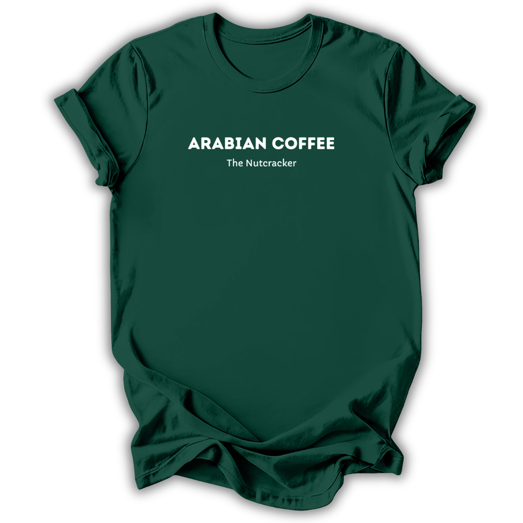 Green short-sleeve t-shirt with white printed text reading 'ARABIAN COFFEE' and 'The Nutcracker' underneath, displayed against a clean white background.