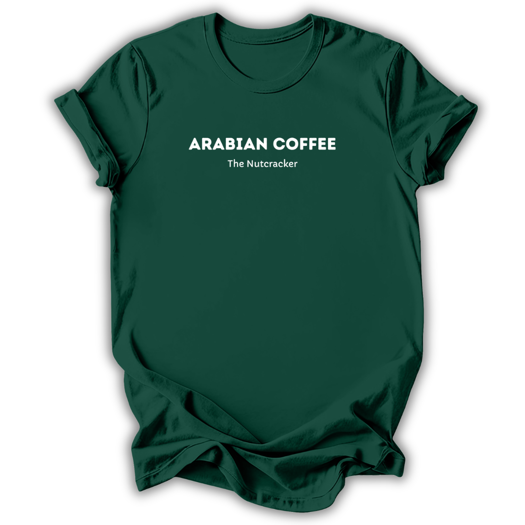 Green short-sleeve t-shirt with white printed text reading 'ARABIAN COFFEE' and 'The Nutcracker' underneath, displayed against a clean white background.