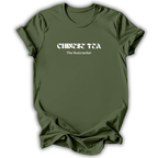 An olive green short-sleeve t-shirt with white text reading 'CHINESE TEA' and 'The Nutcracker' printed on the chest, displayed against a clean white background.