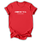 A red short-sleeve crewneck t-shirt with white text on the chest reading 'CHINESE TEA' in a stylized font and 'The Nutcracker' underneath, shown on a white background with a drop shadow.