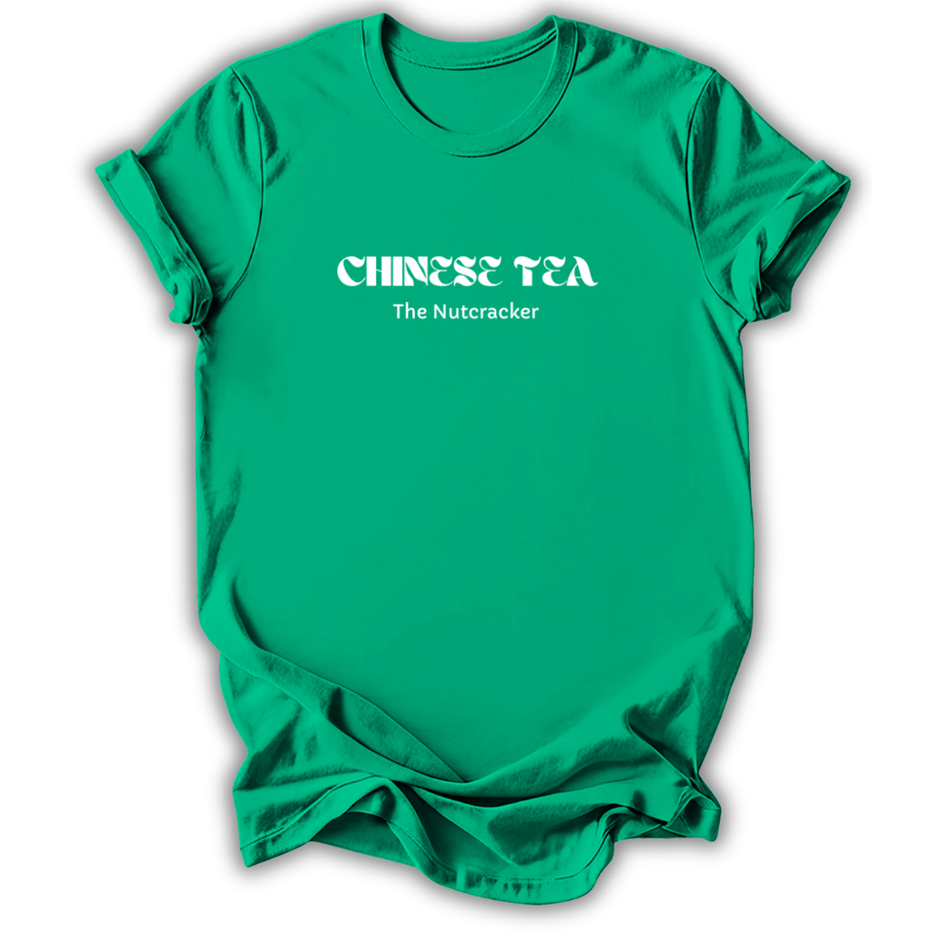 A bright green short-sleeve crewneck t-shirt with white text on the chest reading 'CHINESE TEA' in a stylized font and 'The Nutcracker' underneath, shown on a plain white background.
