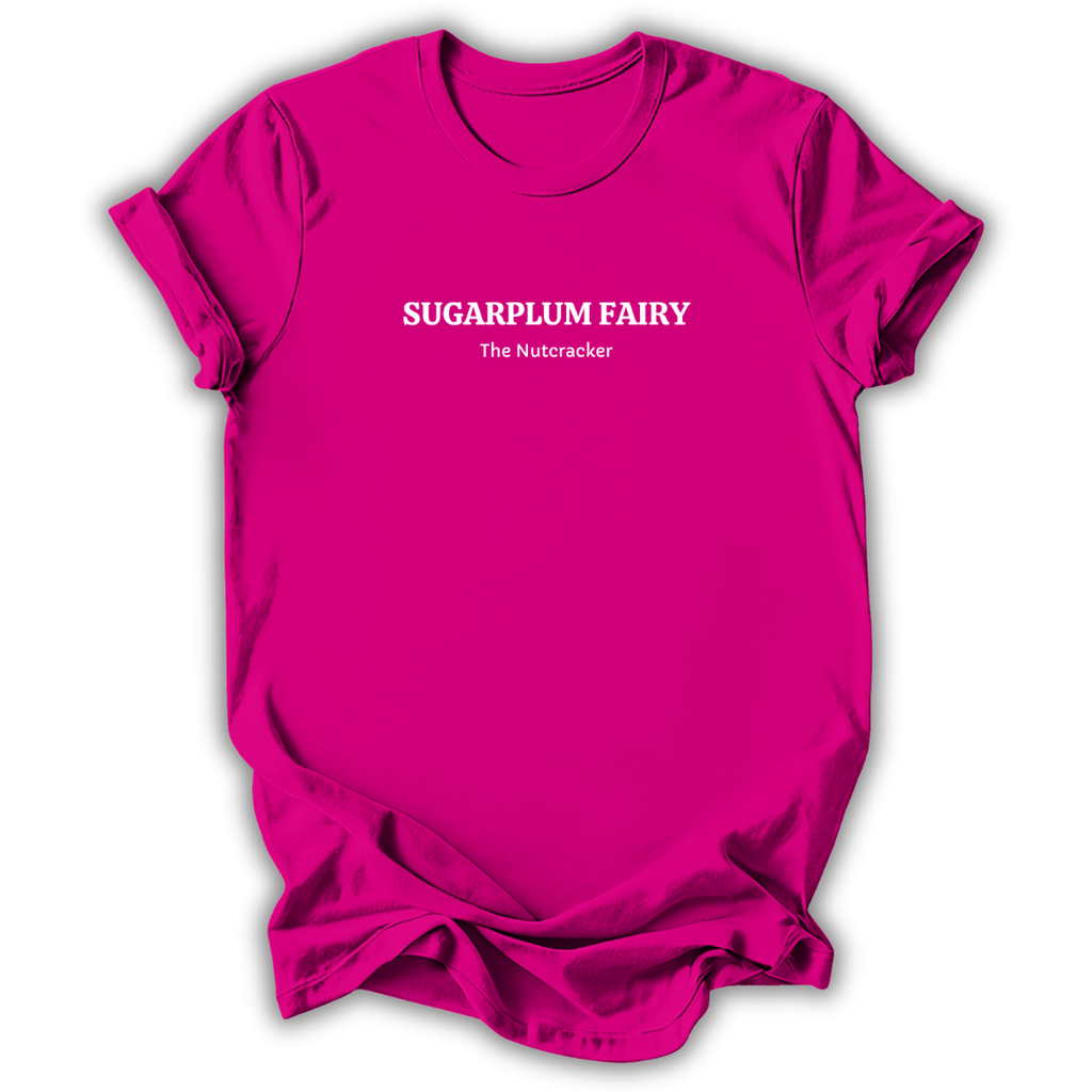 Pink short-sleeve crewneck t-shirt with white text reading 'SUGARPLUM FAIRY' and 'The Nutcracker' printed on the chest, displayed against a clean white background.