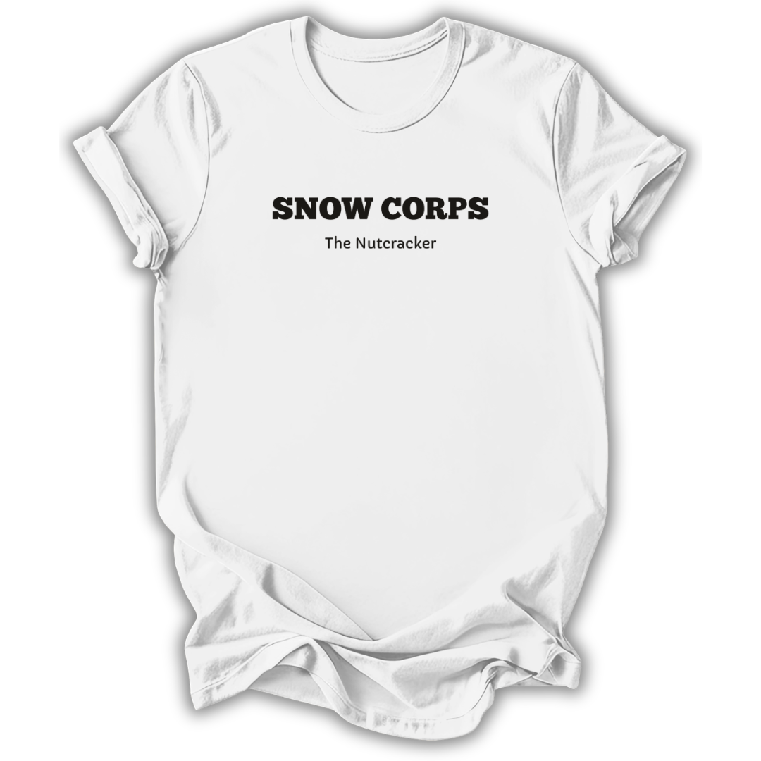 White short-sleeve t-shirt with black printed text reading 'SNOW CORPS' and 'The Nutcracker' underneath, displayed flat against a white background.