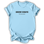 Light Blue short-sleeve t-shirt with black printed text reading 'SNOW CORPS' and 'The Nutcracker' underneath, displayed flat against a white background.