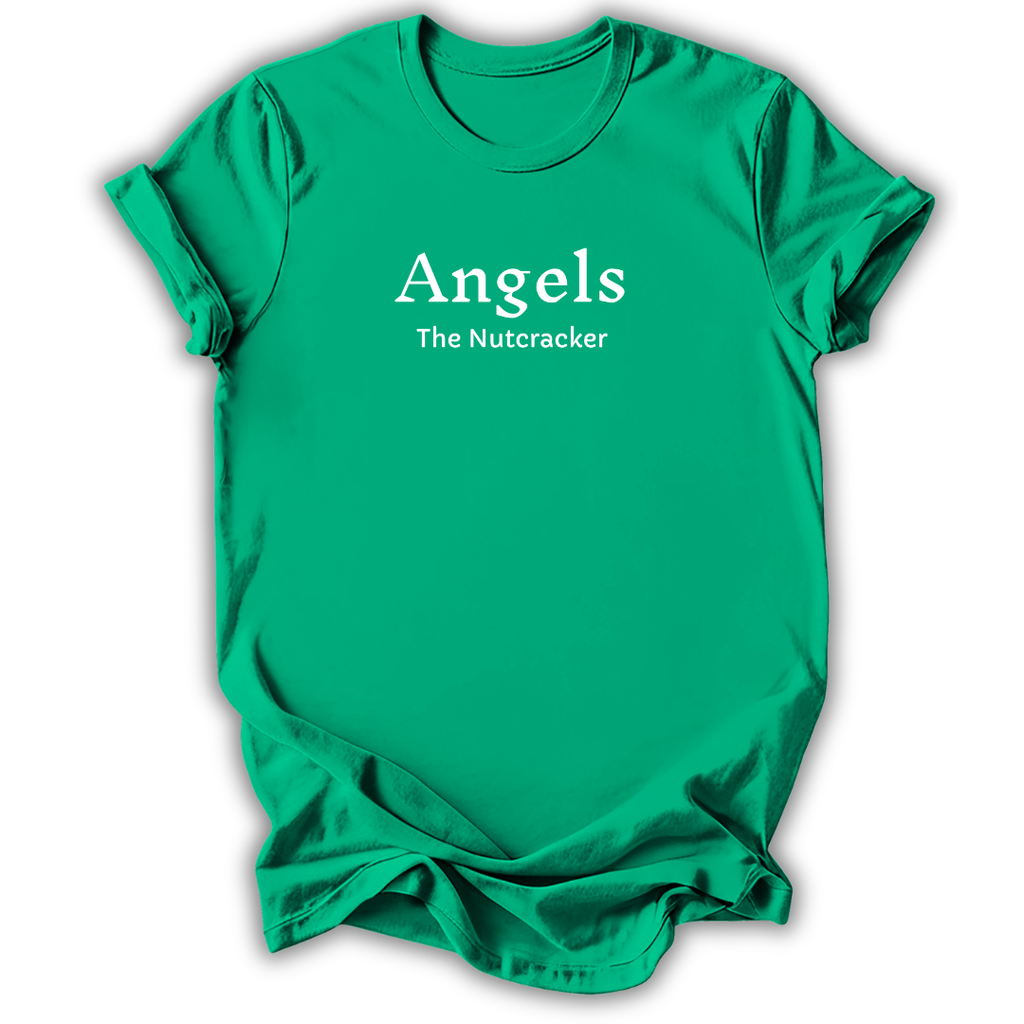 A bright green short-sleeve crewneck t-shirt with white printed text reading 'Angels The Nutcracker' on the chest, displayed against a clean white background.