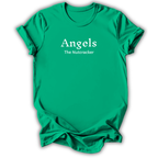 A bright green short-sleeve crewneck t-shirt with white printed text reading 'Angels The Nutcracker' on the chest, displayed against a clean white background.