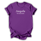 Purple short-sleeve crewneck t-shirt with white printed text reading 'Angels The Nutcracker' on the chest, displayed against a clean white background.
