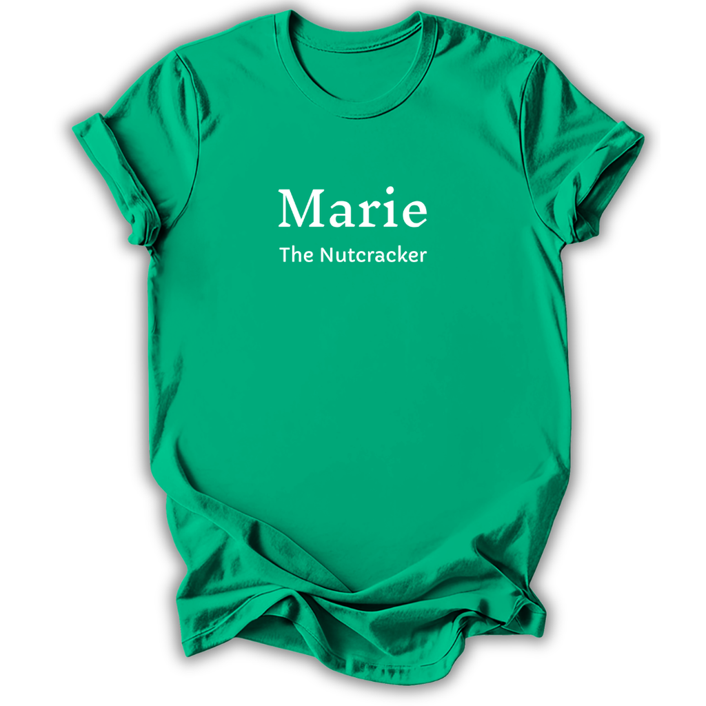 A bright green short-sleeve crewneck t-shirt with the text 'Marie The Nutcracker' printed in white on the chest, displayed on a clean white background.