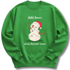 A bright green crewneck sweatshirt featuring a cartoon snowman wearing a red Santa hat, with the text 'Ballet Vancers during Nutcracker season' printed on the front.