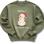 An olive green crewneck sweatshirt featuring a cartoon snowman graphic with a Santa hat and the text 'Ballet Vancers during Nutcracker season'.