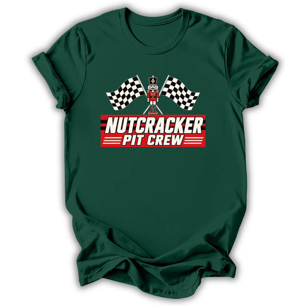 Green short-sleeve t-shirt with a 'Nutcracker Pit Crew' graphic on the chest, featuring a race flag checkered pattern and a pit crew character, displayed on a clean white background.