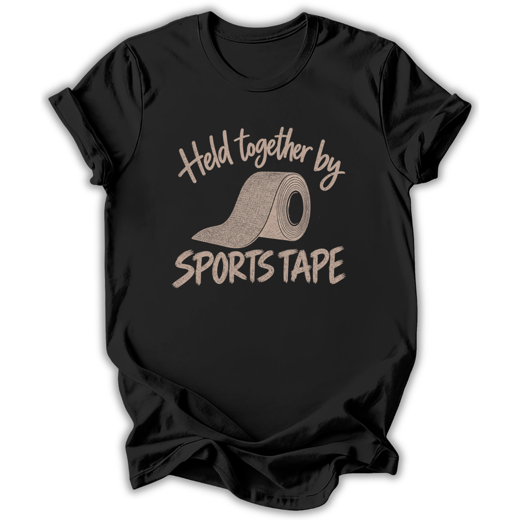 A black short-sleeve t-shirt with a graphic print on the front that reads 'Held together by SPORTS TAPE' in a beige textured font, featuring an illustration of a roll of sports tape.