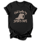 A black short-sleeve t-shirt with a graphic print on the front that reads 'Held together by SPORTS TAPE' in a beige textured font, featuring an illustration of a roll of sports tape.