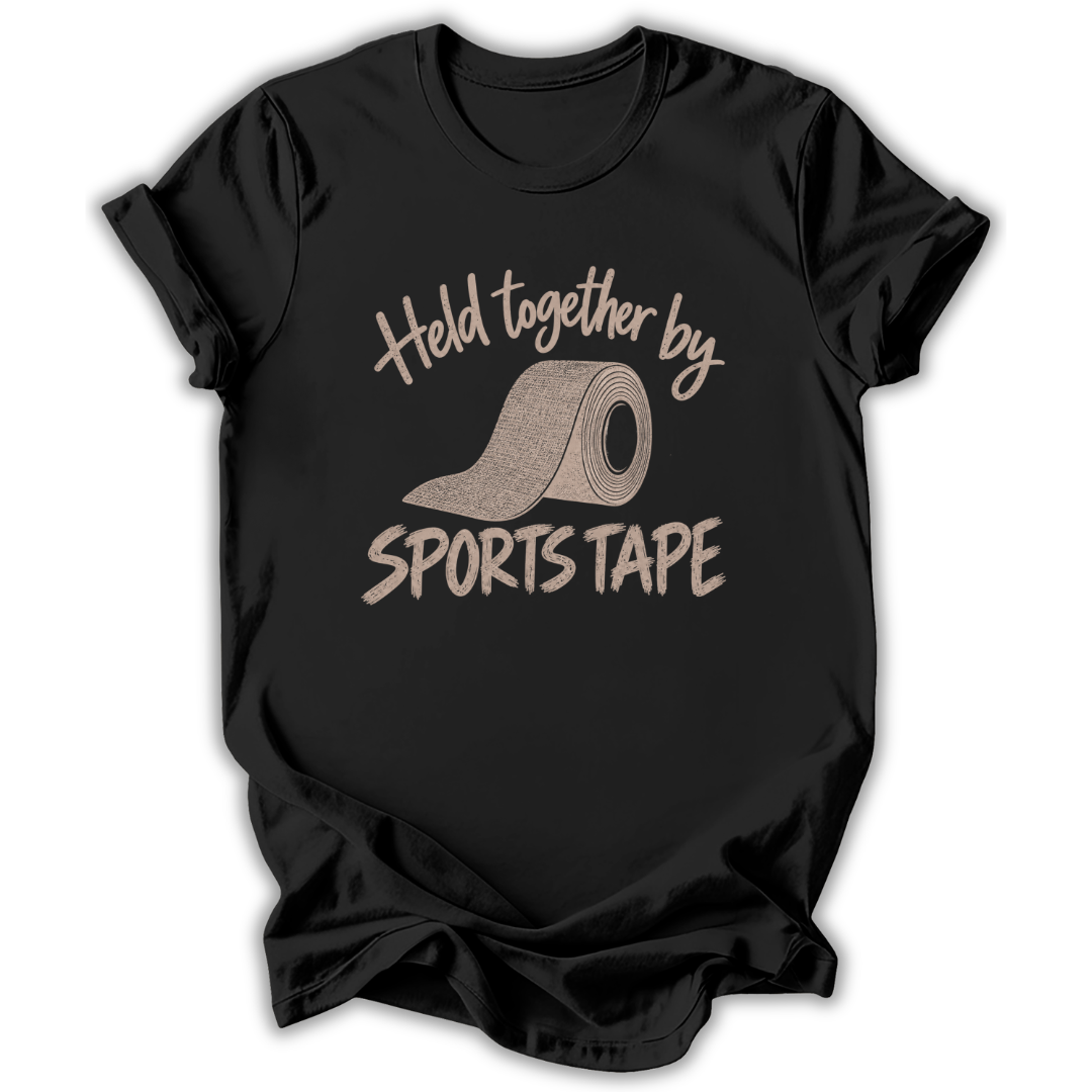 A black short-sleeve t-shirt with a graphic print on the front that reads 'Held together by SPORTS TAPE' in a beige textured font, featuring an illustration of a roll of sports tape.