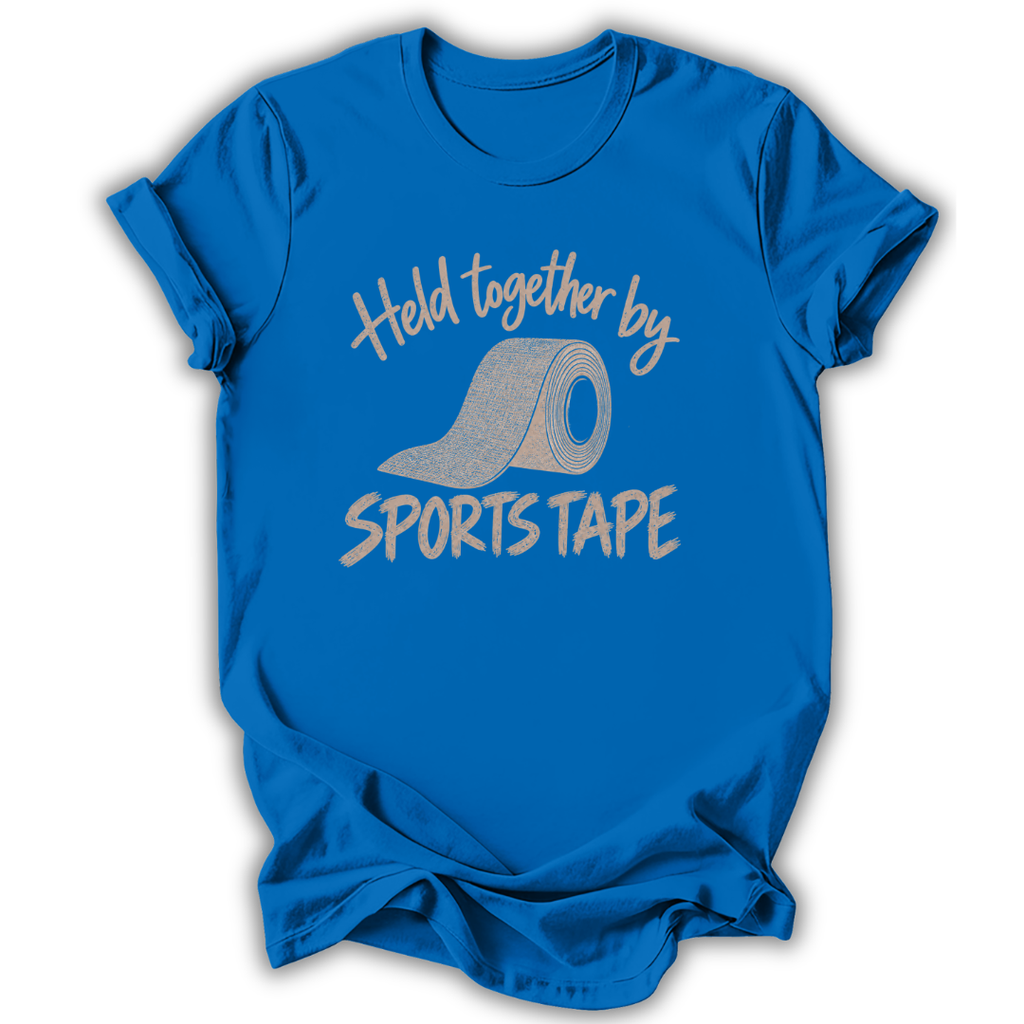 Blue short-sleeve t-shirt with a graphic print on the front that reads 'Held together by SPORTS TAPE' in a light beige font, featuring an illustration of a roll of sports tape.