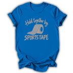 Blue short-sleeve t-shirt with a graphic print on the front that reads 'Held together by SPORTS TAPE' in a light beige font, featuring an illustration of a roll of sports tape.