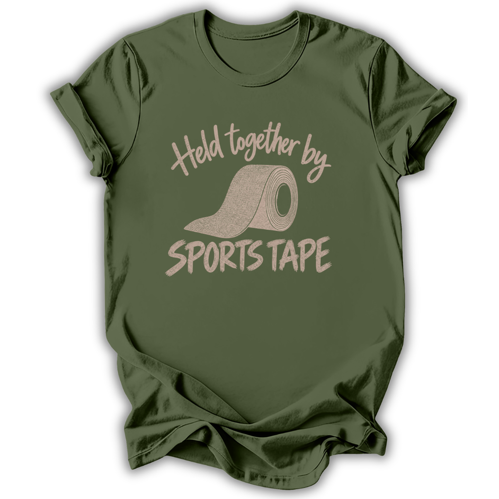 An olive green short-sleeve t-shirt with a graphic print on the front that reads 'Held together by SPORTS TAPE' in a light beige font, featuring an illustration of a roll of sports tape.