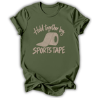 An olive green short-sleeve t-shirt with a graphic print on the front that reads 'Held together by SPORTS TAPE' in a light beige font, featuring an illustration of a roll of sports tape.