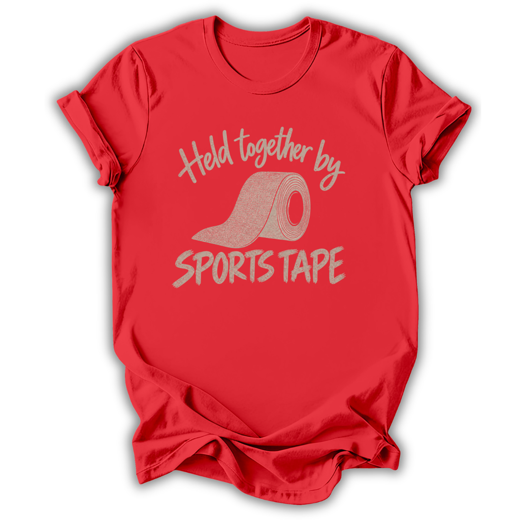 A red short-sleeve t-shirt with a graphic print that reads 'Held together by SPORTS TAPE' in a light pinkish-beige glitter-texture font, featuring an illustration of a sports tape roll in the center.