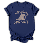 Navy short-sleeve t-shirt with a graphic print on the front that reads 'Held together by SPORTS TAPE' in a light beige font, featuring an illustration of a roll of sports tape.