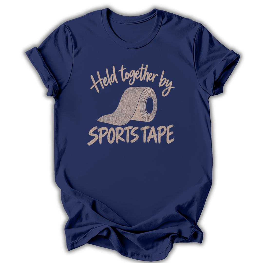 Navy short-sleeve t-shirt with a graphic print on the front that reads 'Held together by SPORTS TAPE' in a light beige font, featuring an illustration of a roll of sports tape.