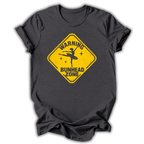 A dark charcoal gray t-shirt with a yellow diamond-shaped warning sign graphic on the front, featuring a silhouette of a ballerina and the text 'WARNING BUNHEAD ZONE'.