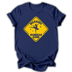 A navy blue short-sleeve t-shirt with a yellow diamond-shaped warning sign graphic on the chest that reads 'WARNING BUNHEAD ZONE' with a silhouette of a ballerina.