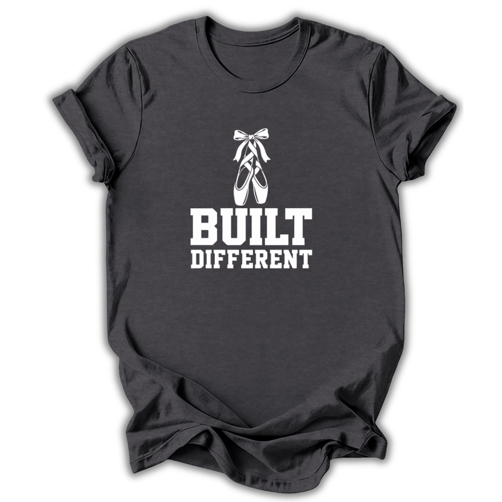 Dark gray t-shirt with a graphic of a swimsuit and text on a white background