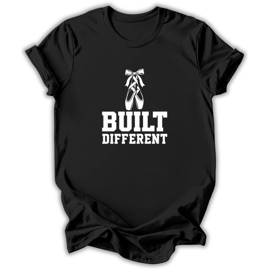 A black short-sleeve crewneck t-shirt with a white graphic print on the front showing a pair of ballet pointe shoes and the text 'BUILT DIFFERENT'.