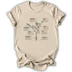 A beige short-sleeve crewneck t-shirt with a black line art graphic of a ballet dancer and text labels pointing to different body parts and concepts, shown on a white background.