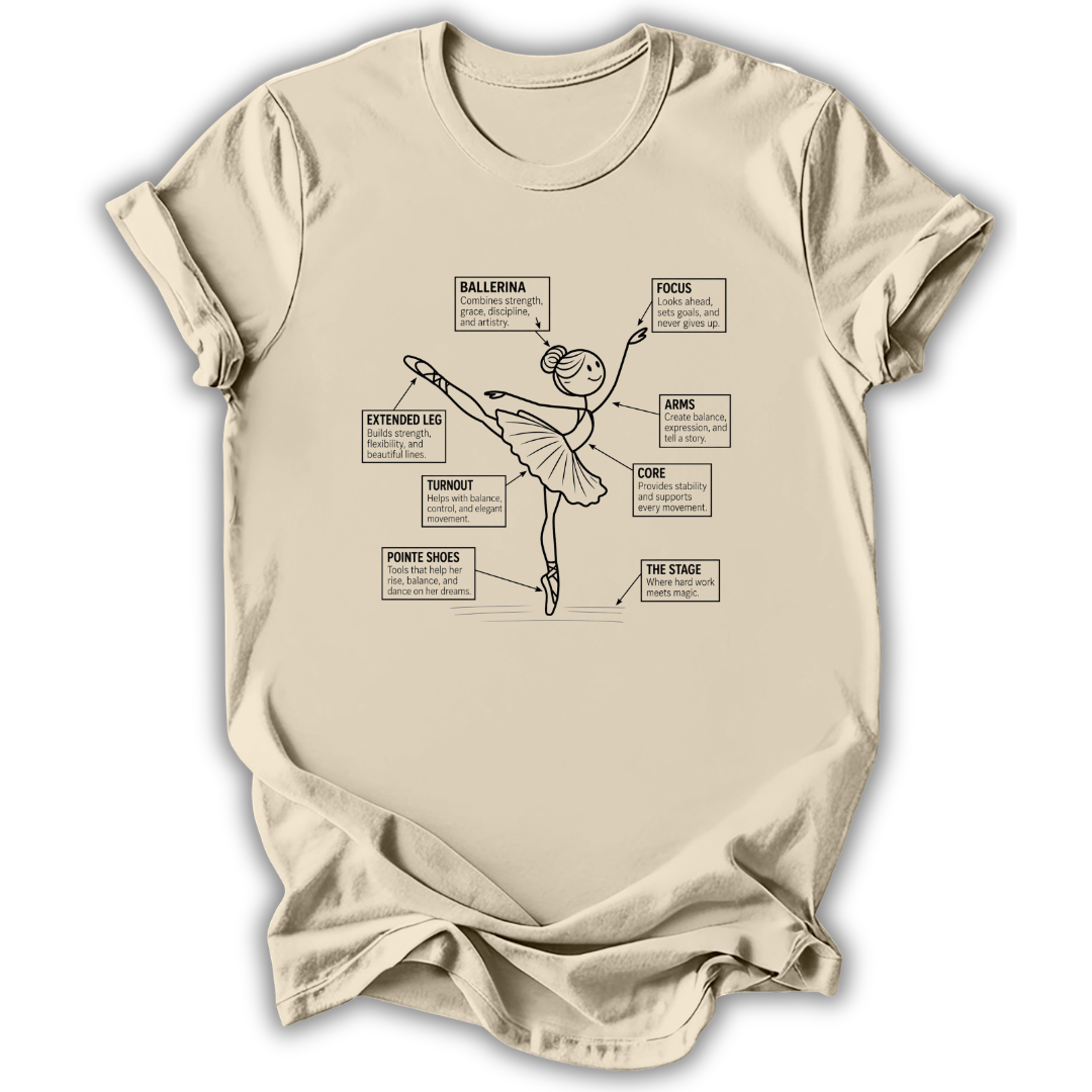 A beige short-sleeve crewneck t-shirt with a black line art graphic of a ballet dancer and text labels pointing to different body parts and concepts, shown on a white background.