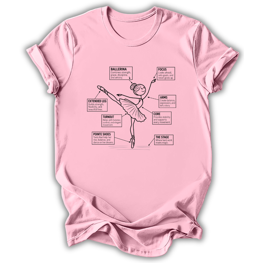 A light pink short-sleeve t-shirt with a graphic of a ballet dancer and labeled callouts explaining dance positions and techniques, shown on a white background.