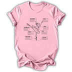 A light pink short-sleeve t-shirt with a graphic of a ballet dancer and labeled callouts explaining dance positions and techniques, shown on a white background.