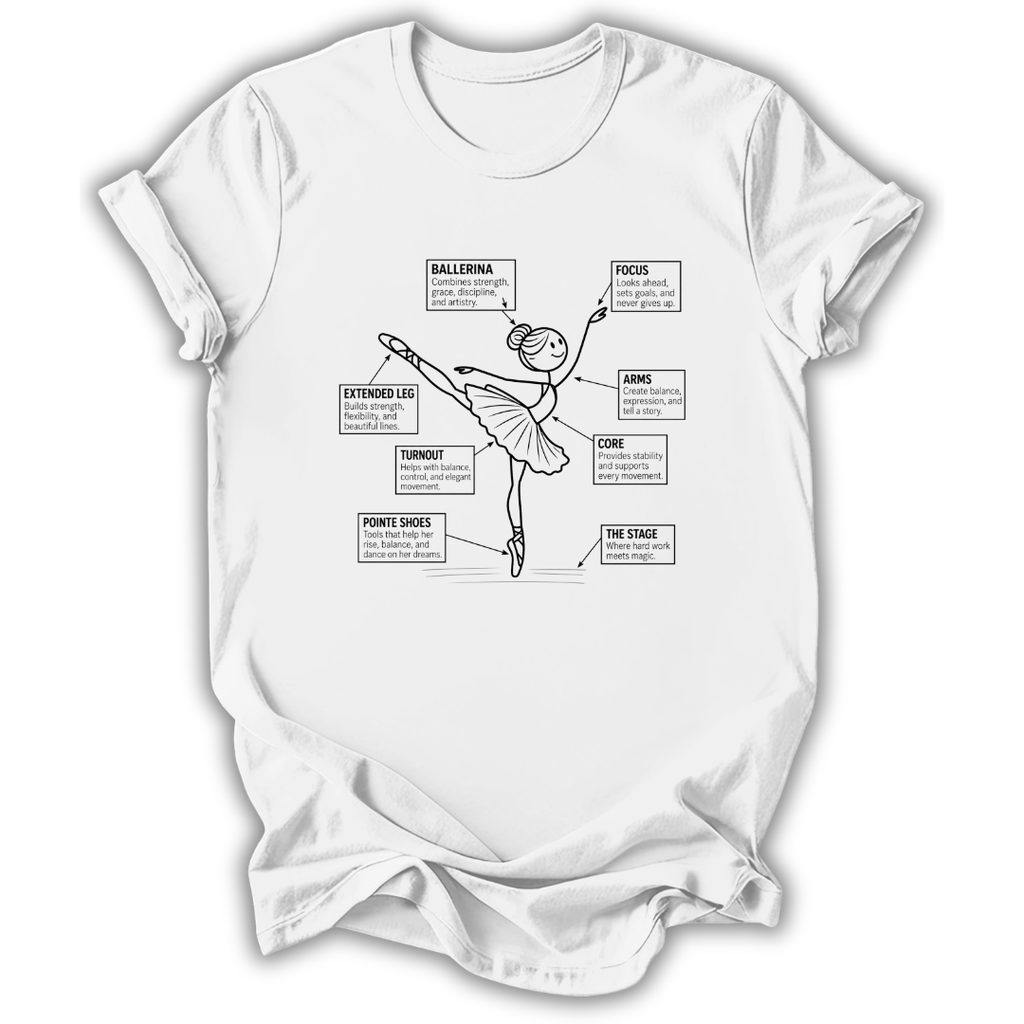 A white short-sleeve crewneck t-shirt with a black line art graphic of a ballet dancer and text labels pointing to different parts of the body, shown on a white background.