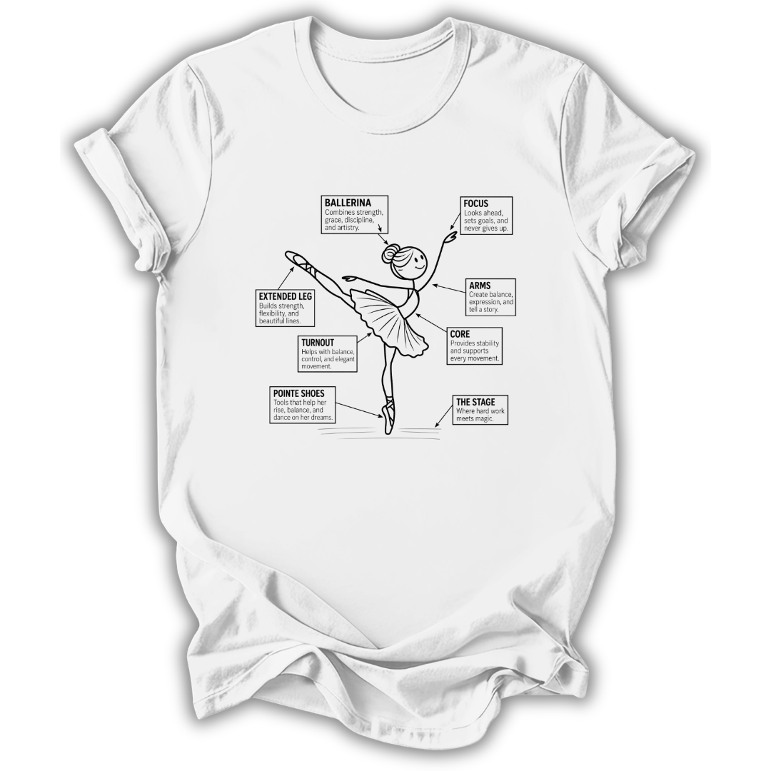 A white short-sleeve crewneck t-shirt with a black line art graphic of a ballet dancer and text labels pointing to different parts of the body, shown on a white background.