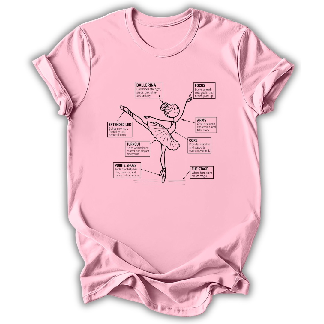 A light pink short-sleeve t-shirt with a graphic of a ballet dancer and labeled callouts explaining dance positions and techniques, shown on a white background.